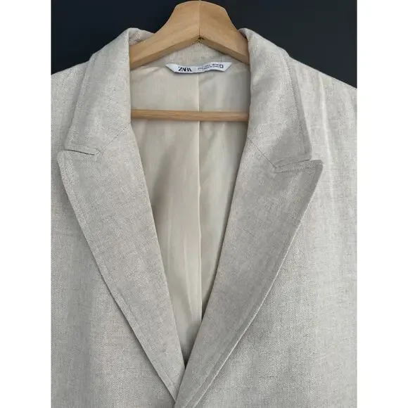 ZARA Linen Blend Sports Coat Blazer Jacket Ivory Cream Size Large - Picture 8 of 15